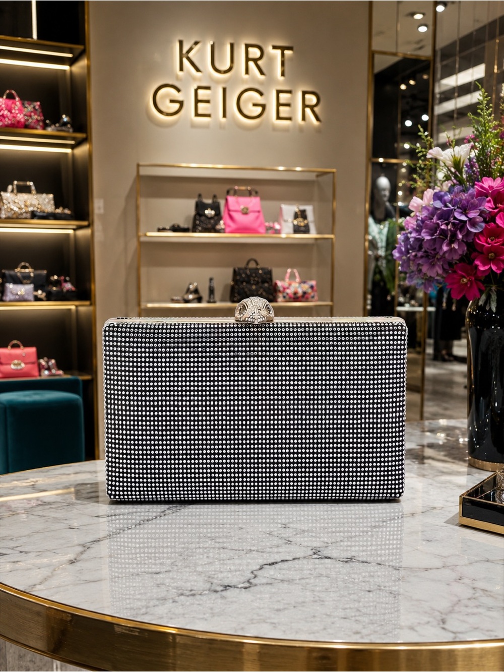Kurt Geiger Black Crystal-Embellished Rectangle Minaudière Clutch with dust bag
